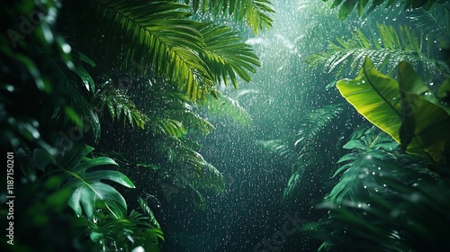 Lush tropical rainforest in the rain.