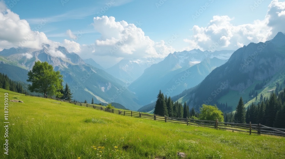Serene Alpine Meadow with Distant Peaks and Wooden Fence Serene Alpine Meadow with Distant Peaks and Wooden Fence