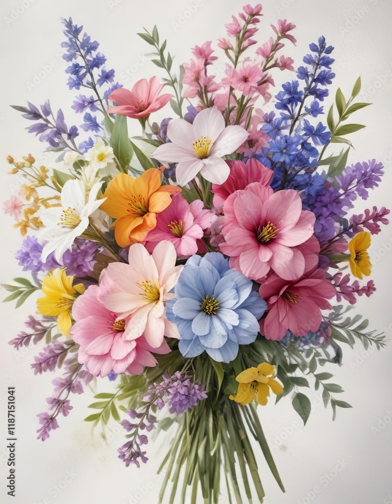 Obraz premium Delightful watercolor artwork featuring a variety of colorful spring blossoms gathered in a bouquet, bouquet, watercolor artwork, gathered, vibrant