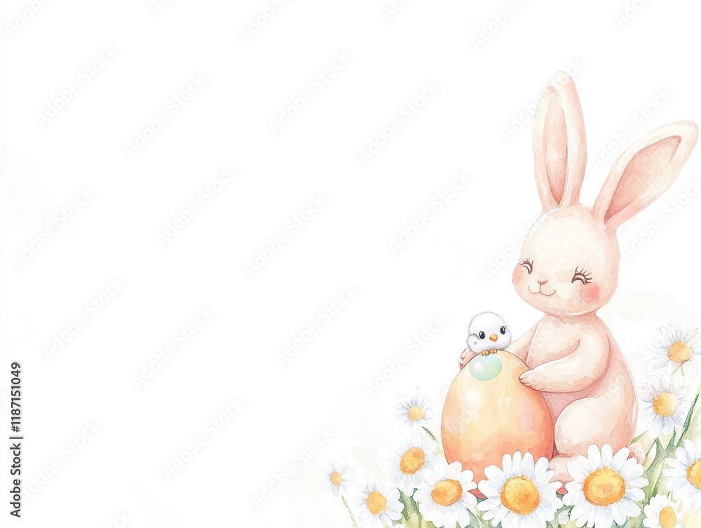 Obraz premium A cute bunny and a chick with colorful easter egg and flowers.