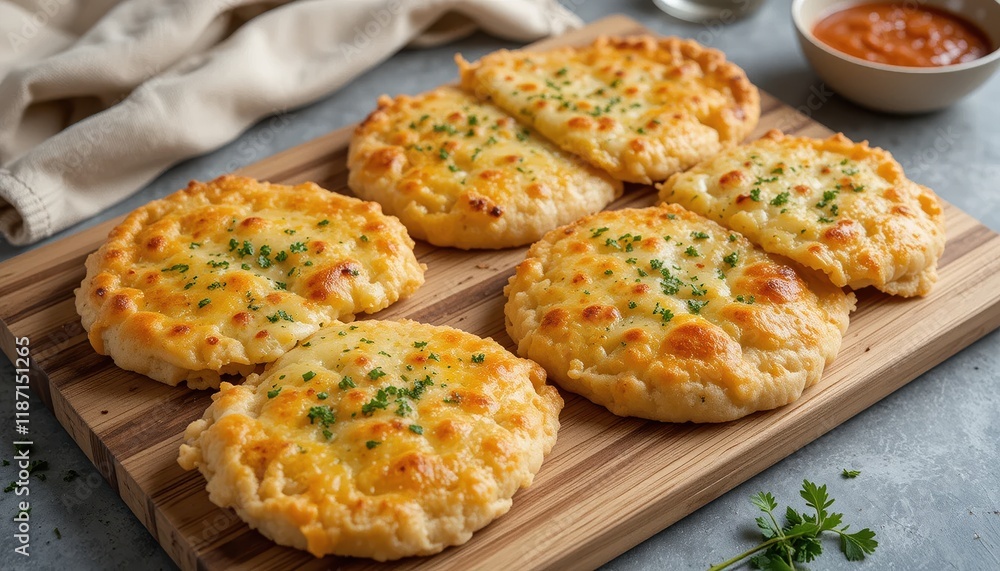 Freshly baked golden brown bread topped with melted cheese and sprinkled with chopped parsley. The simple composition highlights the appetizing warmth and rustic charm of the dish. Freshly baked golden brown bread topped with melted cheese and sprinkled with chopped parsley. The simple composition highlights the appetizing warmth and rustic charm of the dish.