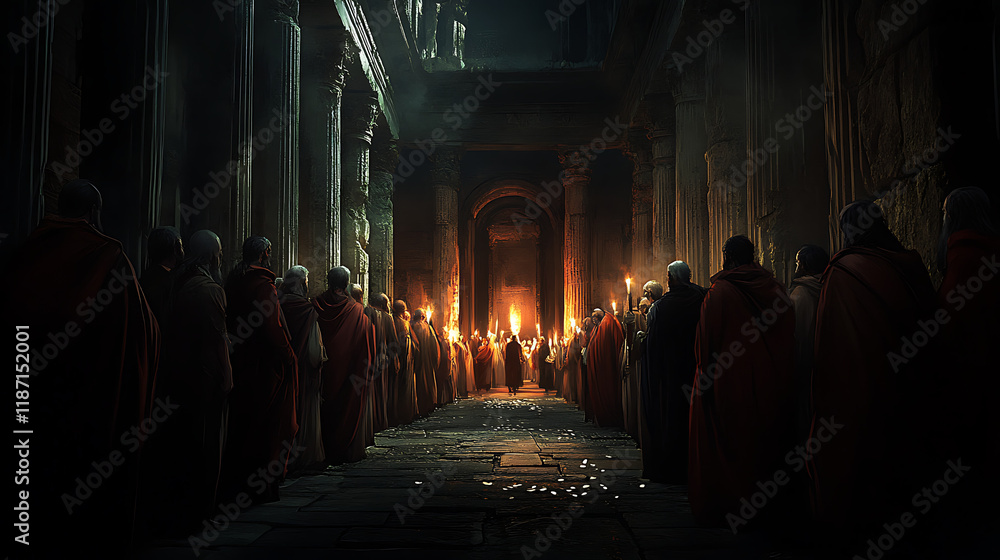A tense moment as the chief priests and elders glare at Judas, their faces lit by warm torchlight, silver coins glinting on the floor between them, dark stone walls and pillars framing the scene, A tense moment as the chief priests and elders glare at Judas, their faces lit by warm torchlight, silver coins glinting on the floor between them, dark stone walls and pillars framing the scene,