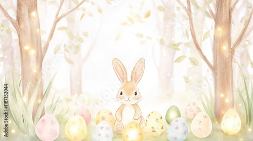 Wallpaper Mural A cute rabbit surrounded by colorful Easter eggs in a forest. Torontodigital.ca