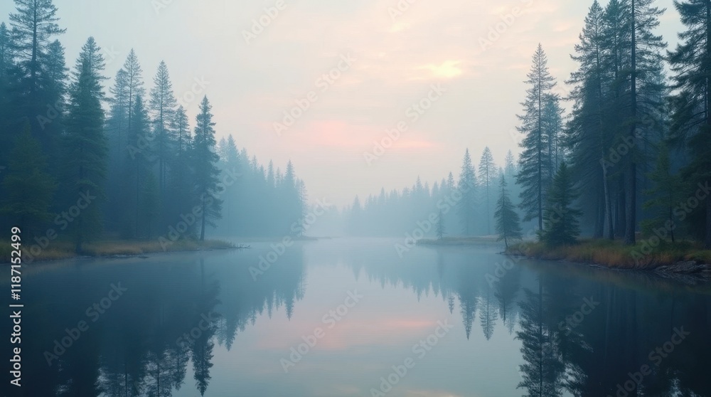Fototapeta premium Serene Forest Lake with Evergreen Reflections and Pastel Sky