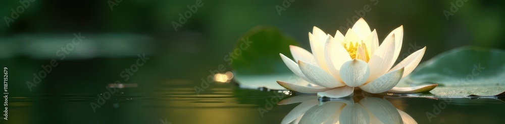 Single pristine white lotus in calm pond, sunlight on petals , stem, pond Single pristine white lotus in calm pond, sunlight on petals , stem, pond