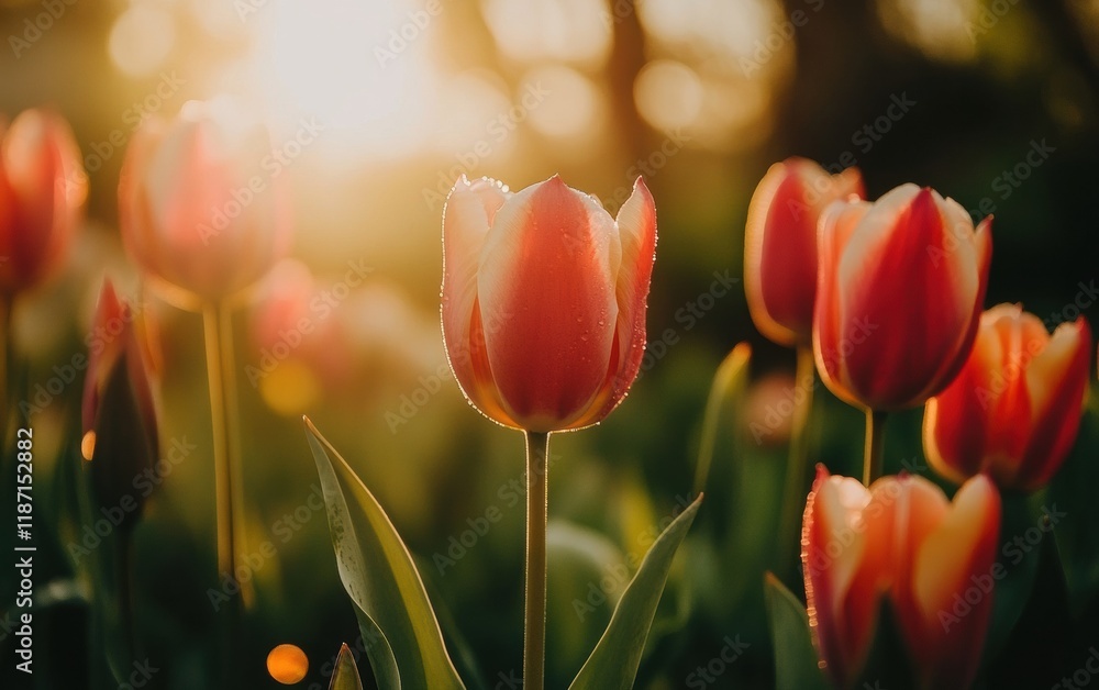 Fototapeta premium Close-up of dewdrops on the petals of fresh morning tulips