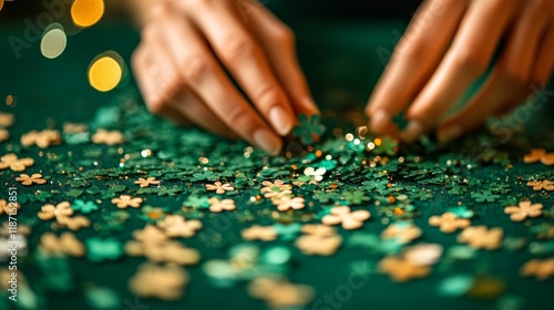 Hands arranging gold and green shamrock confetti