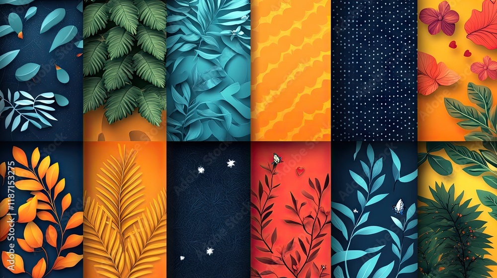 Colorful nature backgrounds with leaves, branches, and abstract patterns for design. Colorful nature backgrounds with leaves, branches, and abstract patterns for design.