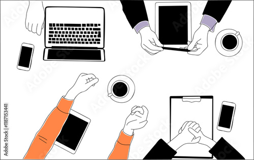 Diverse group of people sitting around table with laptops, tablet, computer. Business team working together. Flat vector illustration isolated on transparent background