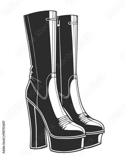 Hand drawn women's boots with high leg. High heel leather boots. Black and white vector illustration.