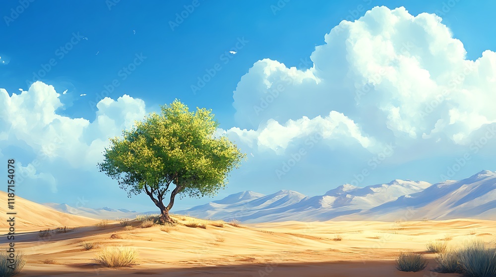 Desert landscape featuring one tree isolated in the center under a sunny sky Desert landscape featuring one tree isolated in the center under a sunny sky