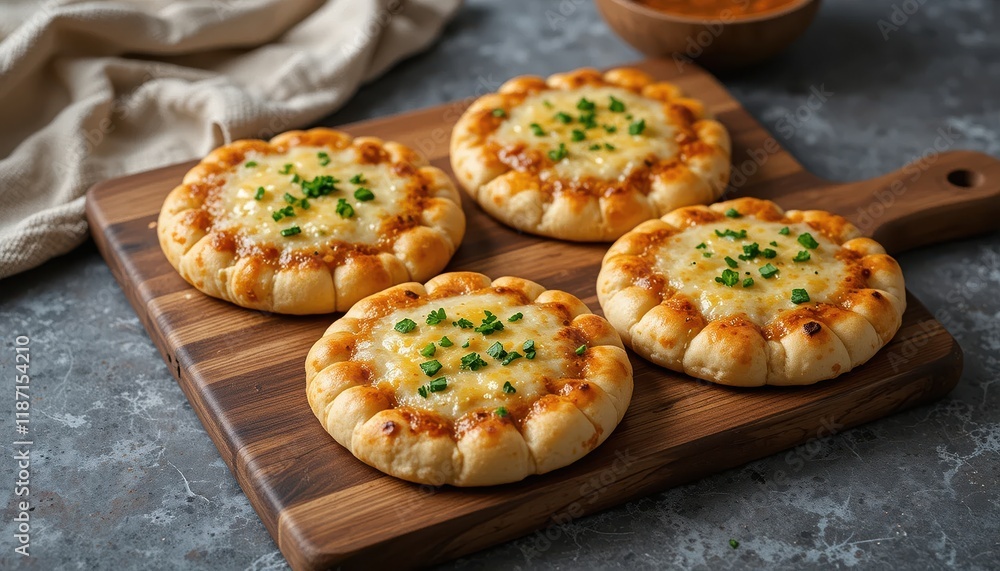 Freshly baked golden brown bread topped with melted cheese and sprinkled with chopped parsley. The simple composition highlights the appetizing warmth and rustic charm of the dish. Freshly baked golden brown bread topped with melted cheese and sprinkled with chopped parsley. The simple composition highlights the appetizing warmth and rustic charm of the dish.