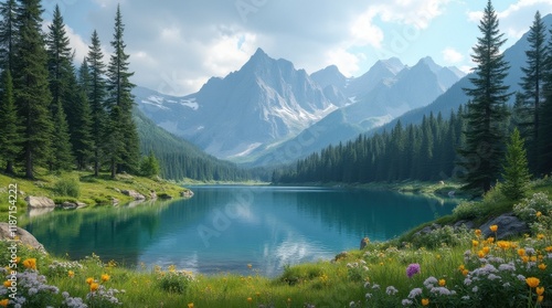 Serene Mountain Lake with Fir Trees and Wildflowers