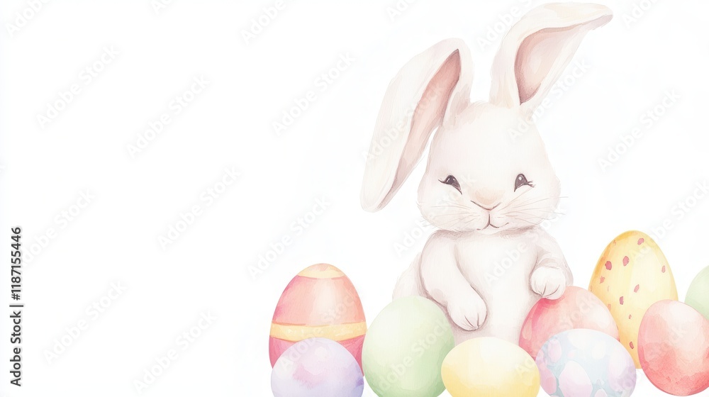 Obraz premium Cute white bunny surrounded by colorful Easter eggs.