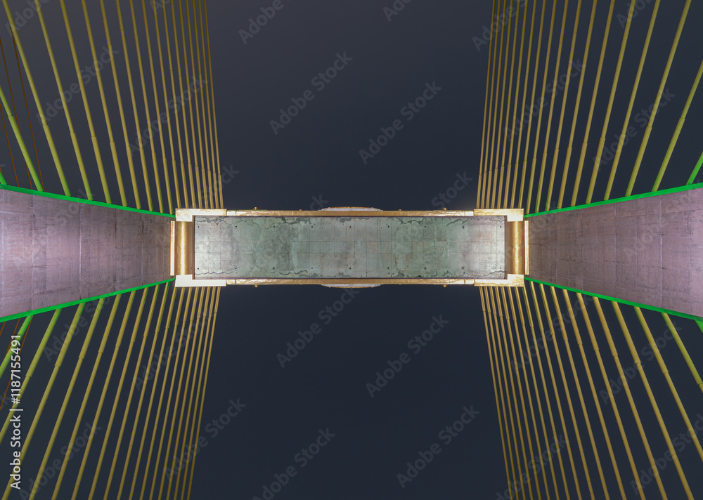 Looking up view Cable-stayed bridge of Thotsamarachan Bridge or King Rama X Bridge with evening sky in the background. use it as your Wallpaper, Poster and Space for text, Selective focus.