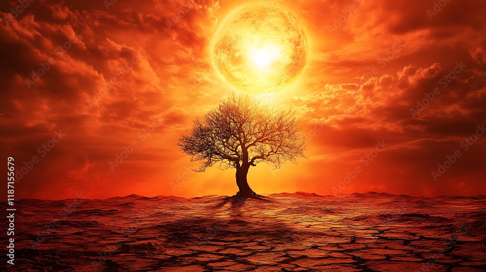 A lone tree standing in the middle of a desert under a blazing sun A lone tree standing in the middle of a desert under a blazing sun