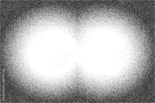 View throw binoculars with soft blurry edges pixelated bitmap gradient texture. Retro pixel art frame, black dither pattern, 8 bit, video game style. Vector illustration	
