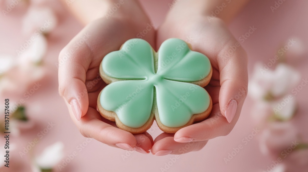 Hands holding a delicate mint green clover cookie Hands holding a delicate mint green clover cookie
