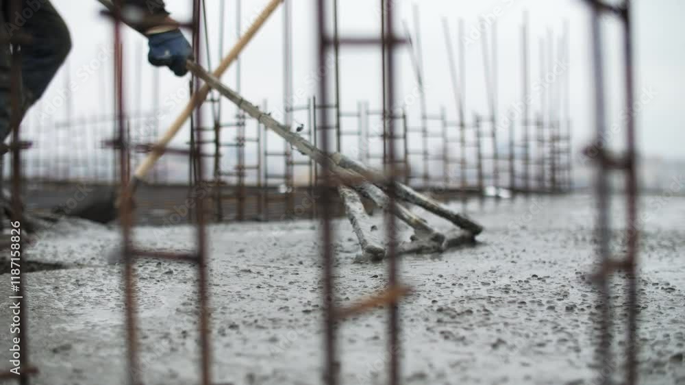 Worker Leveling Wet Concrete at Construction Site Worker Leveling Wet Concrete at Construction Site