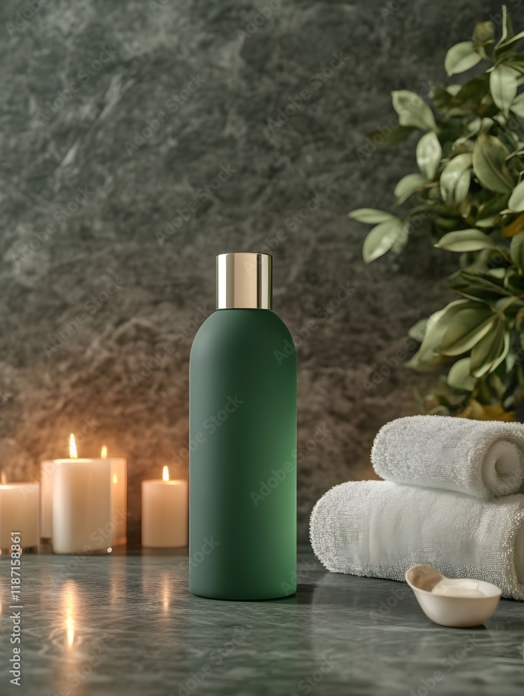 Frosted Green Bottle with Elegant Silver Accents on Spa-Like Countertop with Candles and Towels Frosted Green Bottle with Elegant Silver Accents on Spa-Like Countertop with Candles and Towels