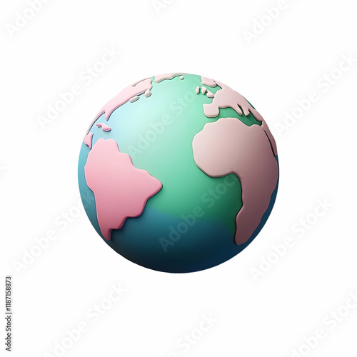 A 3D render of Earth, with continents in pastel colors, on a black background. The design uses clean shapes and features high resolution with excellent clarity and contrast, making it ideal for brandi photo