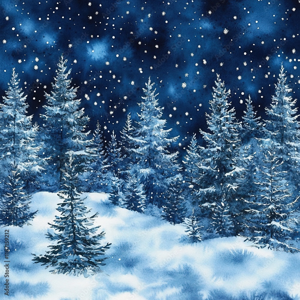 Obraz premium A seamless pattern of snowy pine trees with snow falling, in shades of blue and white, on an indigo background