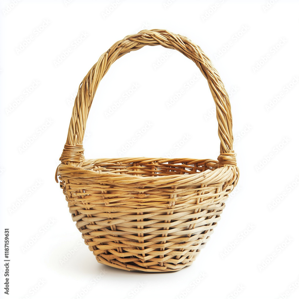 Fototapeta premium Handmade Basket for Picking Berries Rustic Bast Design Eco-Friendly Woven Basket White Background