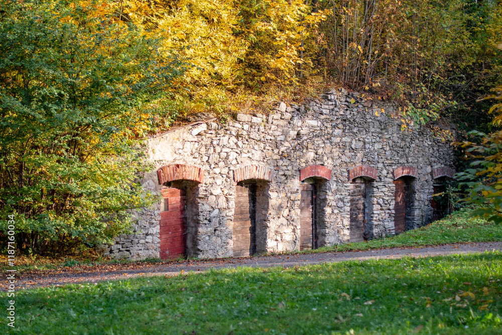 Mysterious door in the woods. Old stone wall with six wooden doors in the park in an autumn sunny day. Place to hide outdoors. Abandoned storage hill house. Mysterious door in the woods. Old stone wall with six wooden doors in the park in an autumn sunny day. Place to hide outdoors. Abandoned storage hill house.