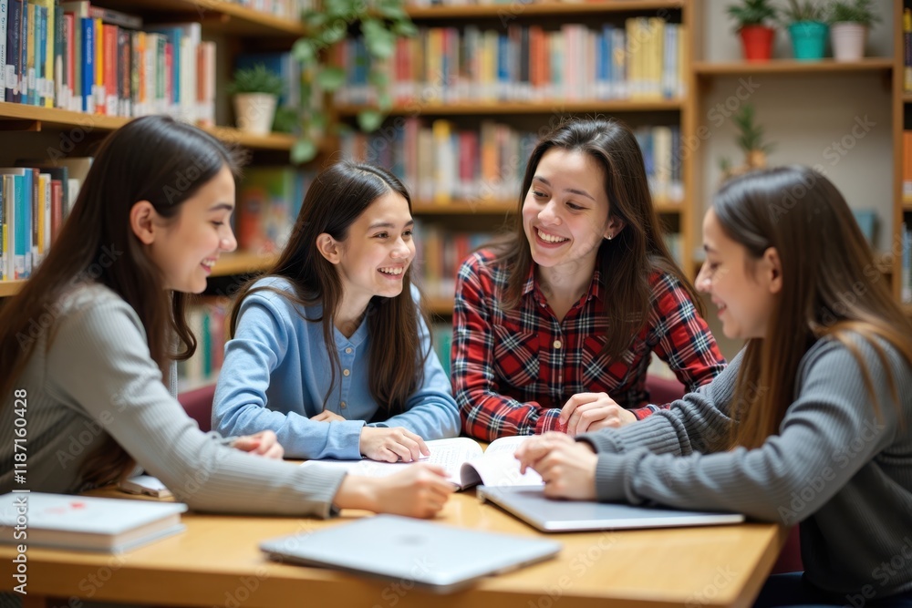 A small group of four students discussing a project around a table filled with books and laptops. The background includes a cozy library with shelves of colorful books and a reading nook A small group of four students discussing a project around a table filled with books and laptops. The background includes a cozy library with shelves of colorful books and a reading nook