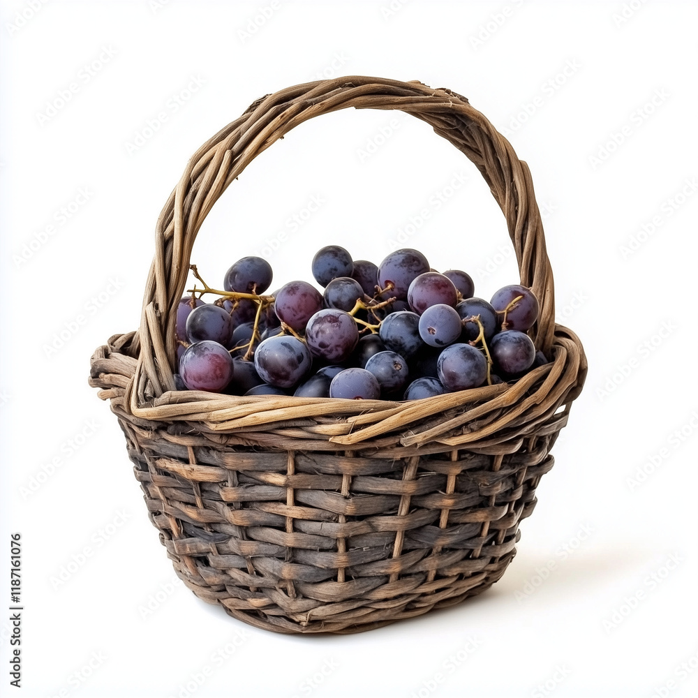 Fototapeta premium Handmade Basket for Picking Berries Rustic Bast Design Eco-Friendly Woven Basket White Background