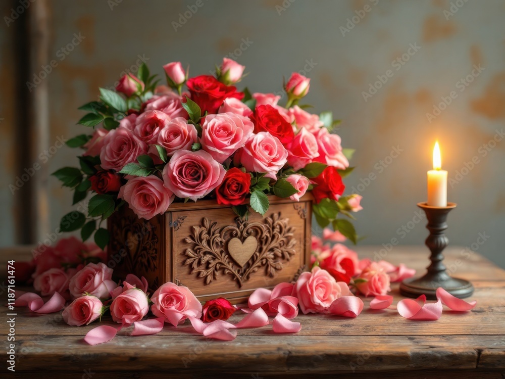 Obraz premium Romantic wooden box with pink and red roses beside a candle on rustic table