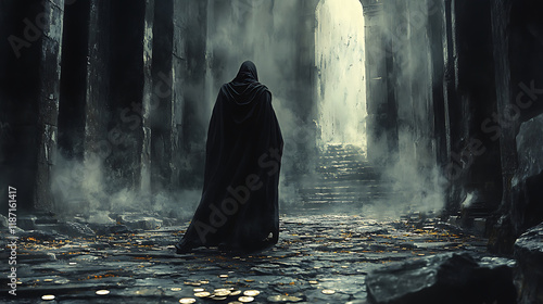 Judas exiting the temple, his figure silhouetted by torchlight, silver coins lying forgotten on the ground behind him, the cold and textured stone surroundings creating a somber atmosphere, photo