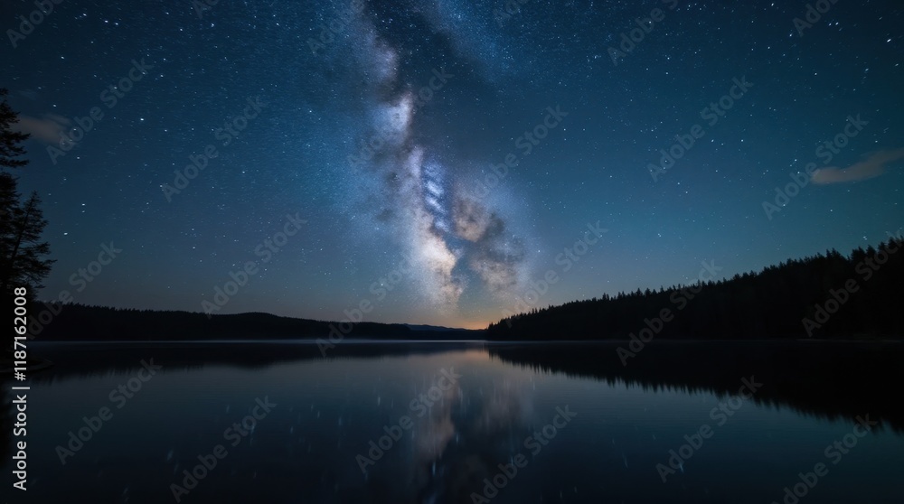 Starry Night Sky Reflection over Calm Lake Starry Night Sky Reflection over Calm Lake