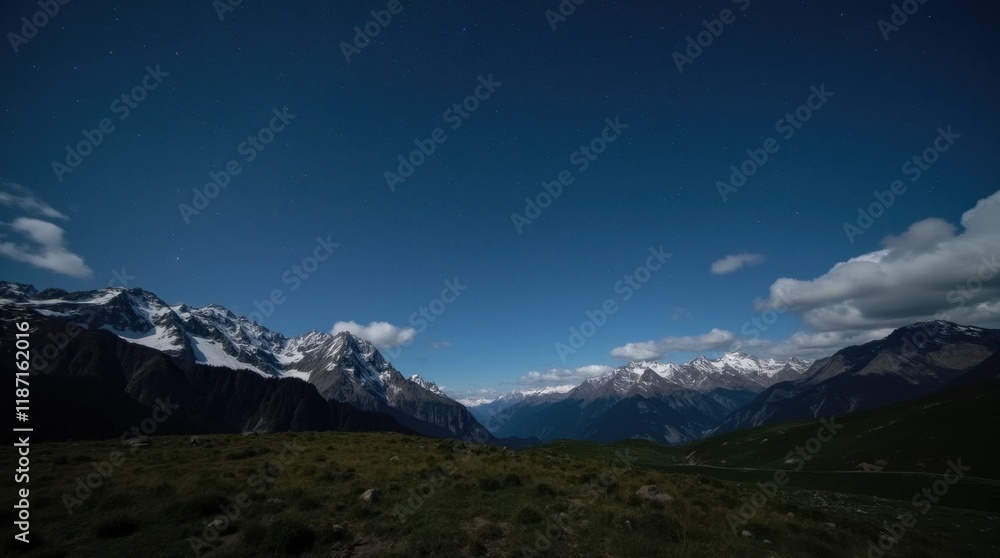 Fototapeta premium Starry Night over Alpine Meadow with Snow-capped Peaks