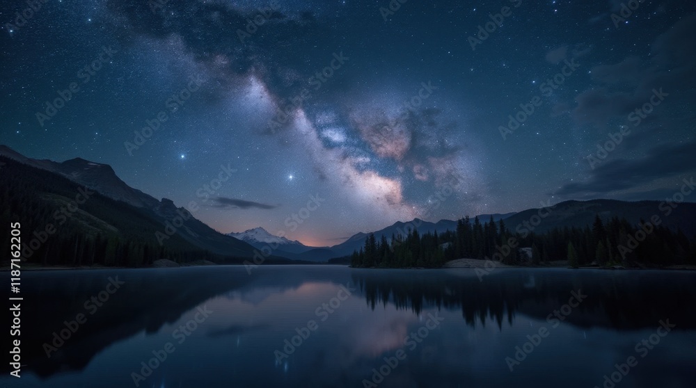 Fototapeta premium Starry Night Reflection over Calm Lake
