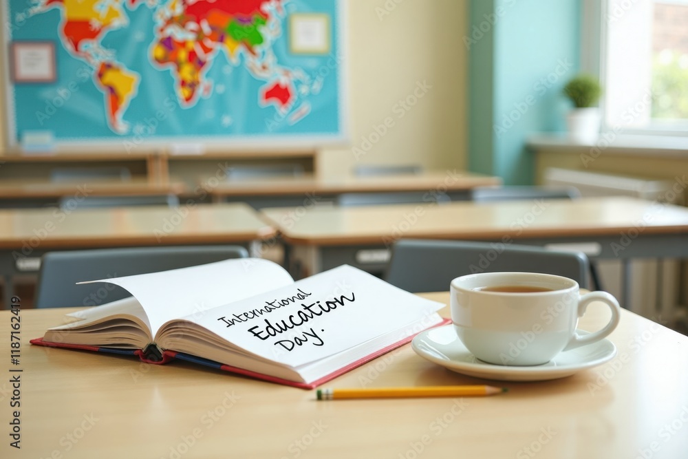 A stack of colorful books on a table with a coffee cup and a cookie beside them. In the background, a poster says A stack of colorful books on a table with a coffee cup and a cookie beside them. In the background, a poster says