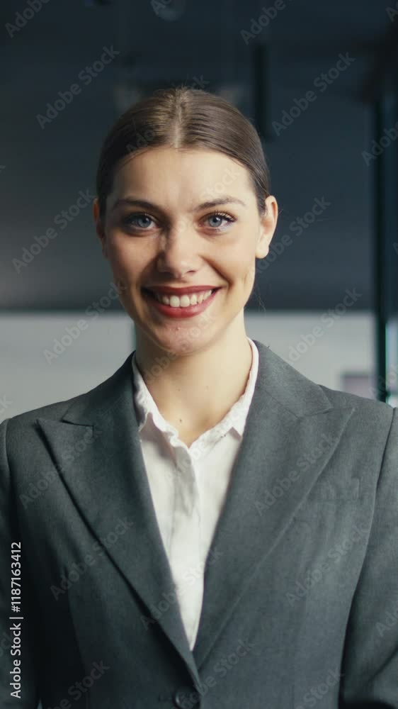 Vertical Screen: Confident young woman in a formal suit smiling while standing in a modern office environment. Concept of professionalism, career success, and corporate confidence Vertical Screen: Confident young woman in a formal suit smiling while standing in a modern office environment. Concept of professionalism, career success, and corporate confidence