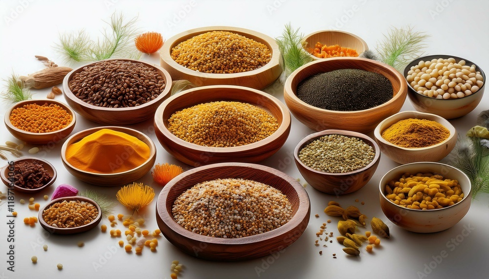 spices and herbs in a wooden bowls spices and herbs in a wooden bowls