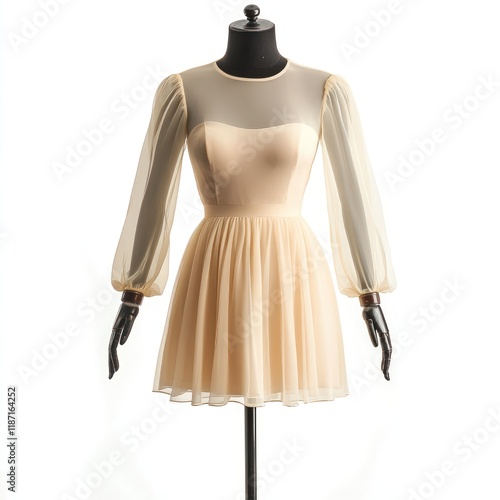 Elegant midi dress with sheer sleeves, shown on a mannequin, on pure white background with copy space photo