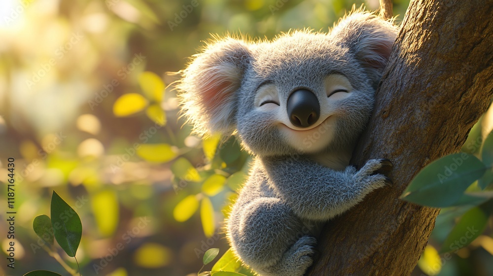 Fototapeta premium Adorable Koala Hugging a Tree at Golden Hour