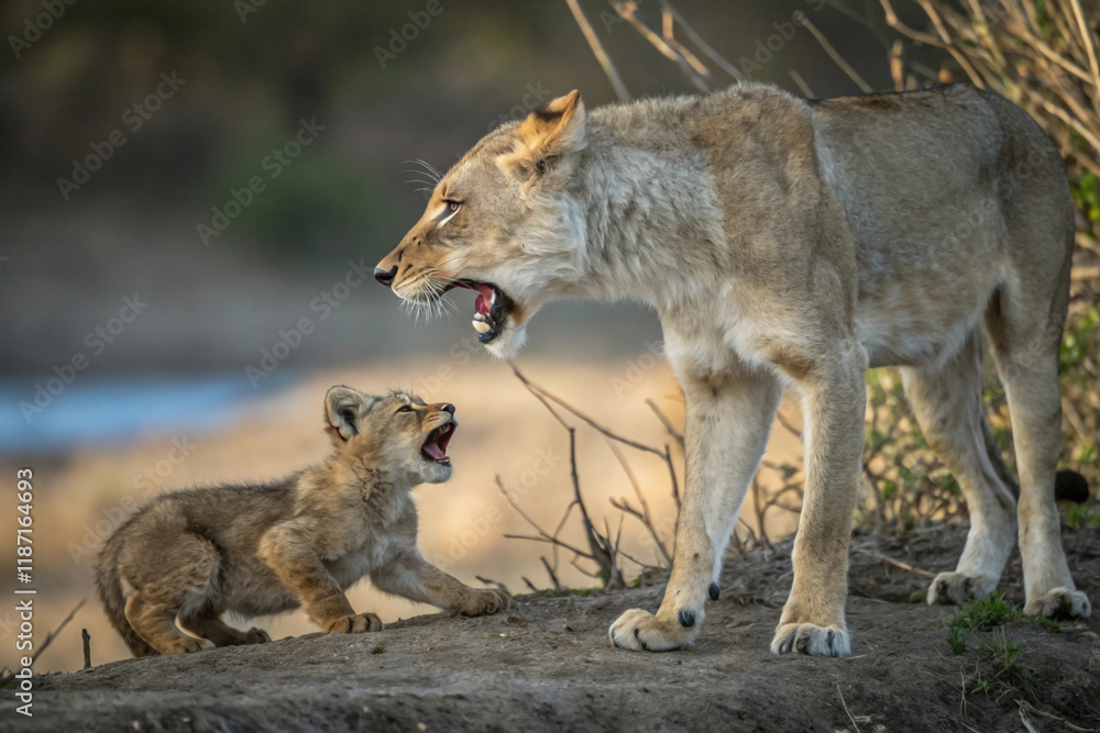 A mother animal protecting its young from a predator A mother animal protecting its young from a predator