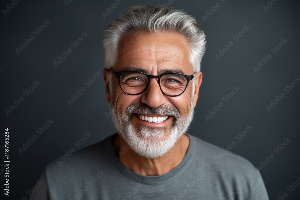 Studio portrait of a cheerful senior man with grey hair and beard wearing eyeglasses, expressing happiness and positivity