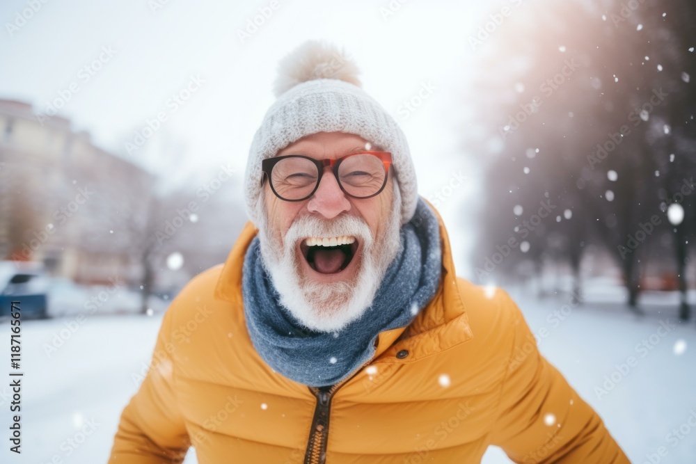 Fototapeta premium Carefree senior man wearing winter clothes, laughing under snowfall, enjoying a winter day outdoors