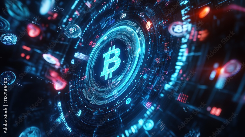 Obraz premium Bitcoin Cryptocurrency Digital Currency Futuristic Technology Abstract Blockchain Network
