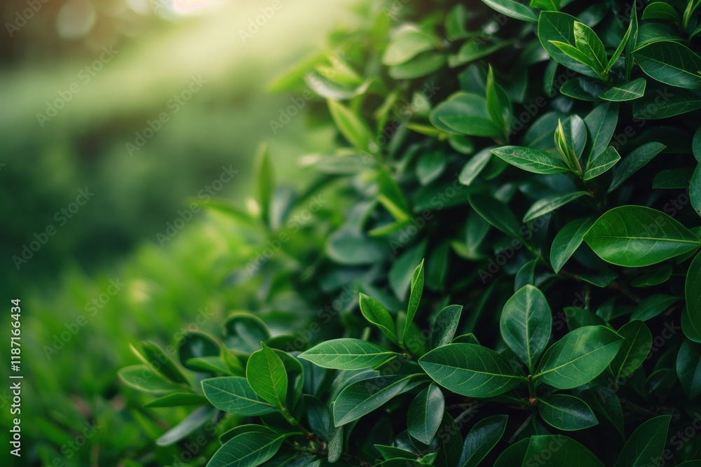 lush hedge of glossy green leaves gently lit in outdoor garden setting refreshing ambiance copyspace concept of gardening, landscaping, eco lush hedge of glossy green leaves gently lit in outdoor garden setting refreshing ambiance copyspace concept of gardening, landscaping, eco