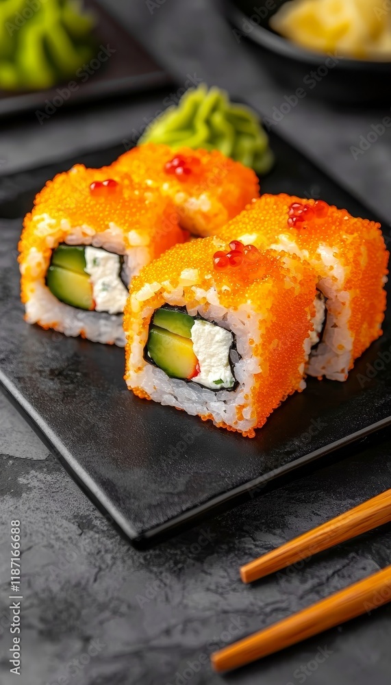 Trio of Vibrant Sushi Rolls with Tobiko and Creamy Avocado Filling on a Slate Platter Trio of Vibrant Sushi Rolls with Tobiko and Creamy Avocado Filling on a Slate Platter