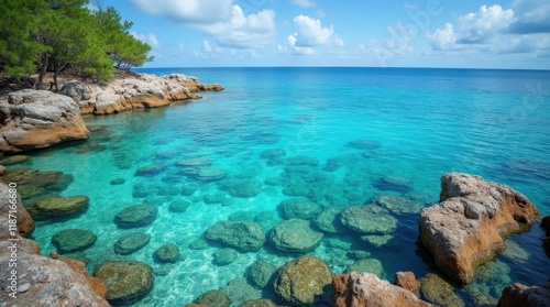 Tranquil Island Cove with Crystal-Clear Water and Colorful Coral