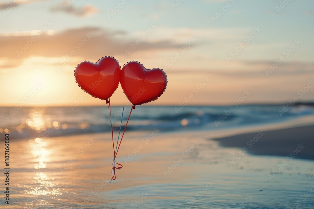 Fototapeta premium Heart balloons floating above a serene background