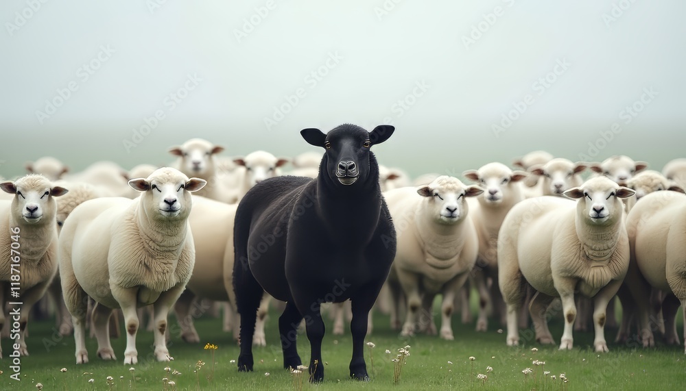 Obraz premium A striking black sheep stands out among a flock of white sheep in a misty pasture.