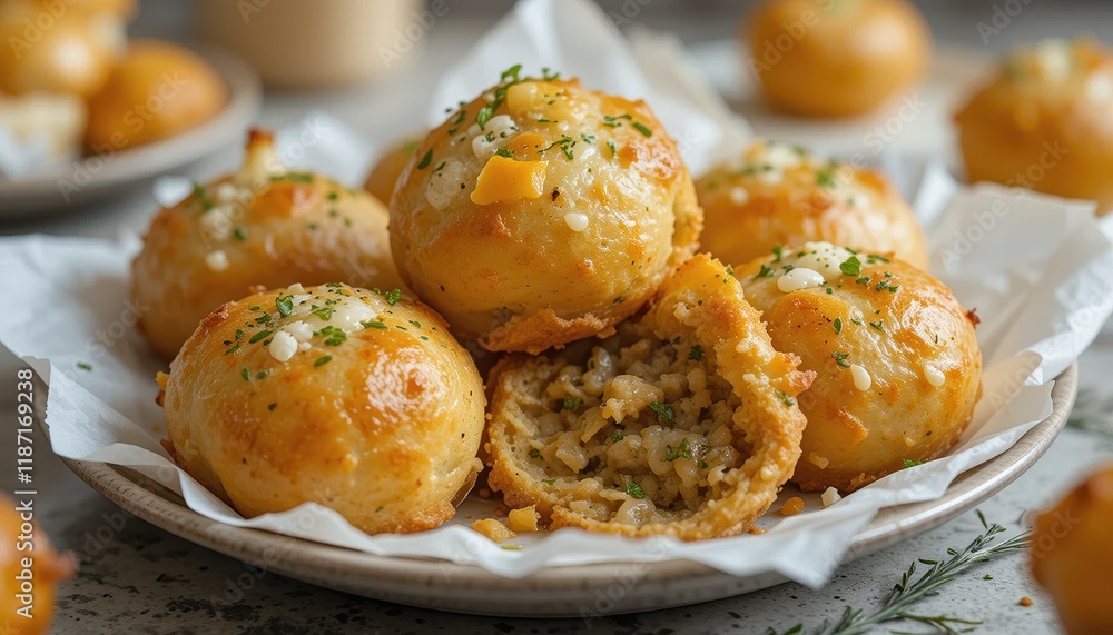 A plate of garlic parmesan cheeseburger bombs, round and golden brown with a flaky texture. Topped with melted cheese and herbs, these savory bites exude irresistible flavor and warmth. A plate of garlic parmesan cheeseburger bombs, round and golden brown with a flaky texture. Topped with melted cheese and herbs, these savory bites exude irresistible flavor and warmth.